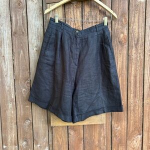 Vintage Black Pleated Linen Bermuda Long Shorts